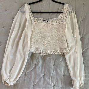 Forever21 Ivory Cropped Billowed Long Sleeve Top